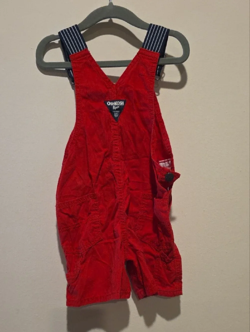 OshKosh B'gosh Red Corduroy Short Overalls with Striped Straps Size 2t 2a